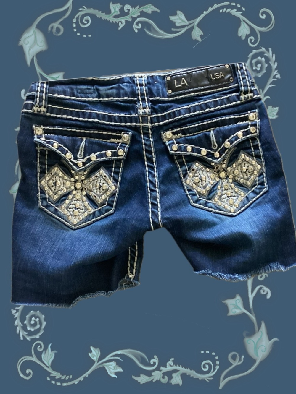 ✝️Blasphemous booty shorts LA USA Embellished Dark Blue Denim Shorts